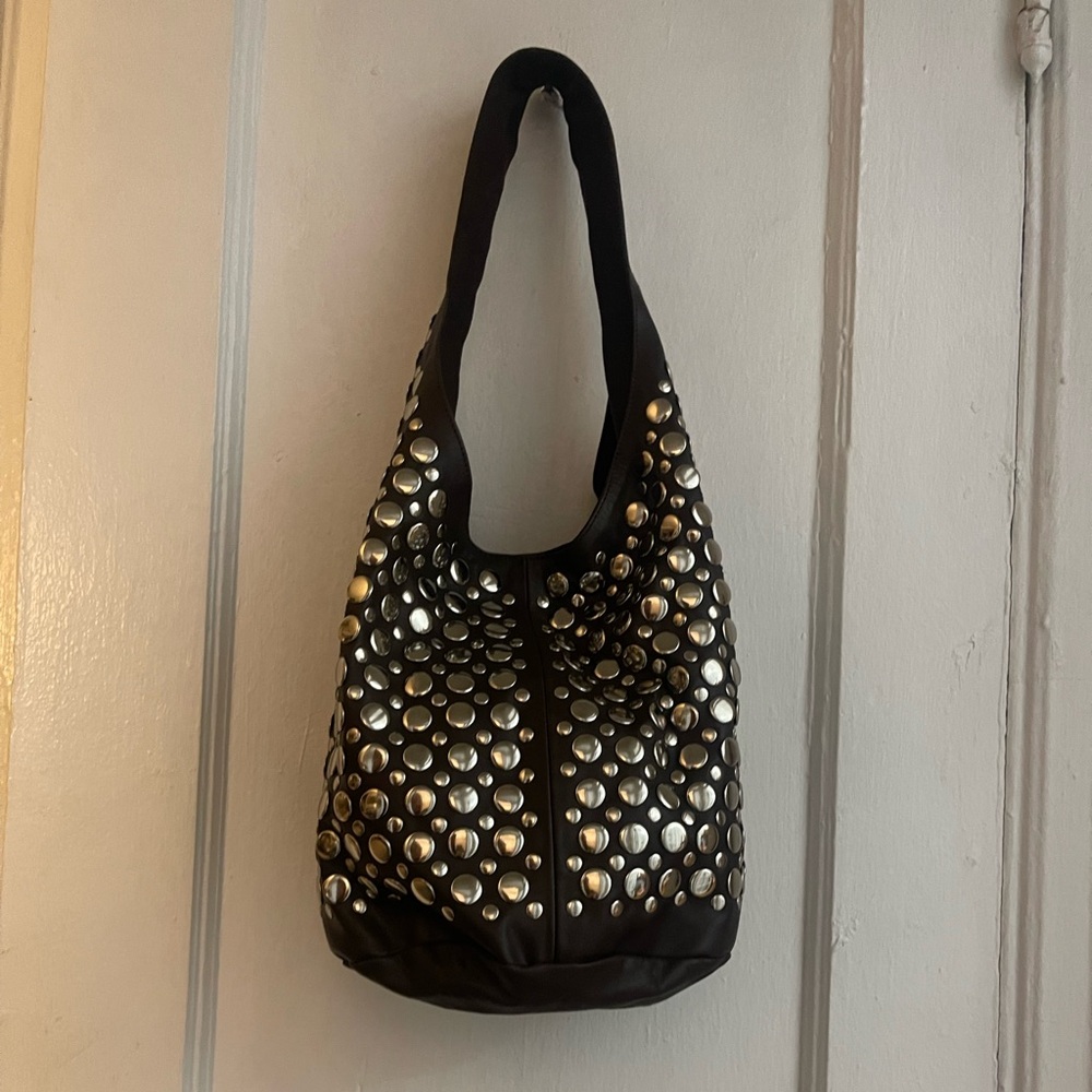 Brown Leather Studded Hobo Bag